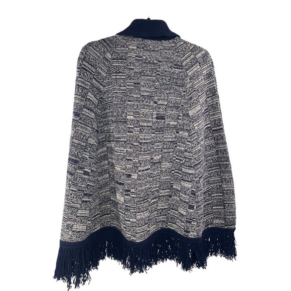 VTG Sweater Bee By Banff Ltd NVY WHT Knit Cape Fringe Hem Button Close RARE EUVC - Picture 2 of 11